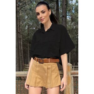 Trend Alaçatı Stili Women's Black Double Pocket Half Sleeve Linen Shirt