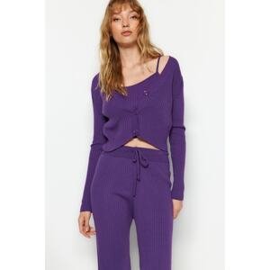 Trendyol fialová rebrovaná blúzka, kardigánové nohavice, sveter top-top oblek