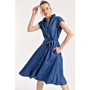 Bigdart 1677 Džínsové šaty s pásovým pásom s polovičným gombíkom - námornícka modrá