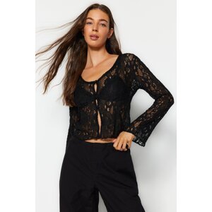 Trendyol Black V-Neck Button Detailed Lace Knitted Blouse