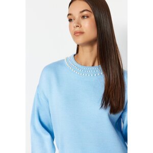 Trendyol Ice Blue Pearl detailný pletený sveter