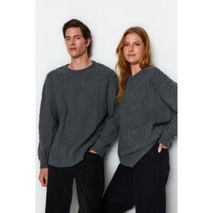 Trendyol Pánsky sivý oversize široký strih s posádkovým výstrihom pletený pletený sveter.