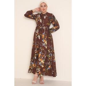 Bigdart 2144 Brown Patterned Collar Hijab Dress