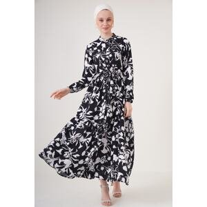 Bigdart 2144 Čierne vzorované hidžábové šaty s veľkým golierom