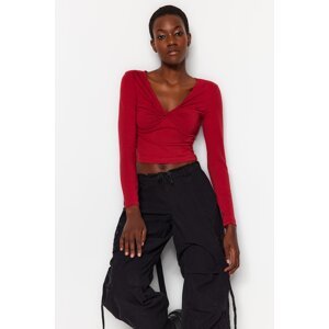 Trendyol Burgundy Cotton Stretchy Chest Gathered Fitted Crop Knitted Blouse