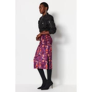 Trendyol Purple Printed Midi Velvet Knitted Skirt with a Fitted Slit