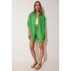 Happiness İstanbul Women's Light Green Summer Linen Shirt Shorts Suit