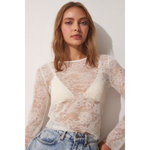 Happiness İstanbul Women's White Lace Semi Sheer Knitted Blouse