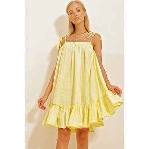 Trend Alaçatı Stili Dámske žlté froté bavlnené ľanové šaty s ohlávkovou sukňou
