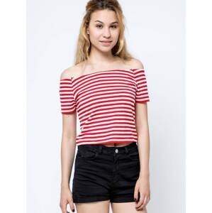 Short blouse with carmen neckline white with red stripes