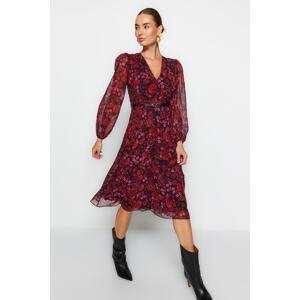 Trendyol Burgundy Belted A-Line midi kvetinový vzorovaný šifón tkané šaty