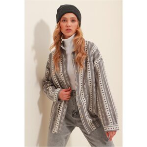 Trend Alaçatı Stili Women's Gray Ethnic Pattern Oversized Woven Winter Shirt