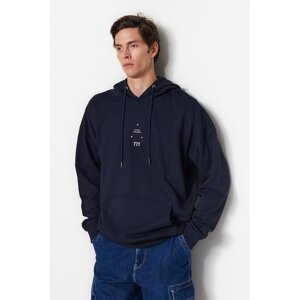 Trendyol Navy Blue Oversize/Wide-Fit Hooded Space Printed Fleece Sweatshirt