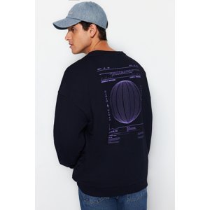 Trendyol Navy Blue Men's Oversized Mystical Printed Cotton Sweatshirt
