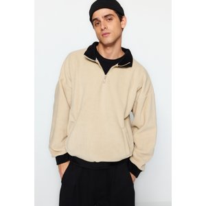 Trendyol Beige Oversize/Wide Cut Half Zipper Stand Collar Color Block Fleece Sweatshirt