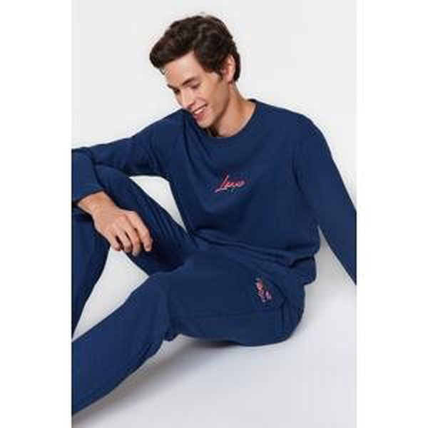 Trendyol Men's Navy Blue Regular Fit Waffle Knitted Pajamas Set.