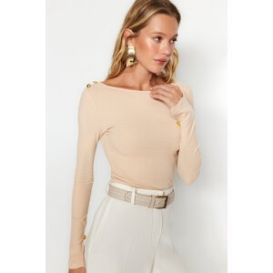 Trendyol Stone Boat Neck Ribbed Flexible Regular Fit Long Sleeve Button Detailed Knitted Blouse
