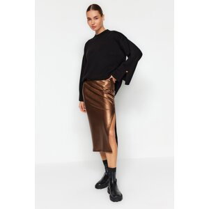 Trendyol Brown Foil Print High Waist Slit Maxi Fitted Skirt