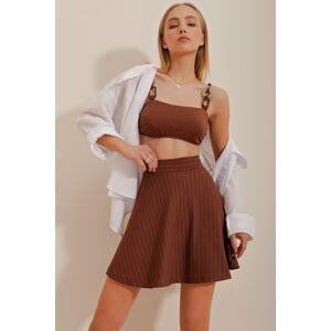 Trend Alaçatı Stili Women's Brown High Waist Striped Flared Skirt