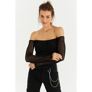 Cool & Sexy Women's Black Knitwear Short Blouse with Openwork