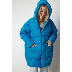 Šťastie İstanbul Dámske Sky Blue Kapucňa Oversize Puffer Kabát