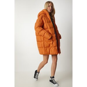 Happiness İstanbul Dámsky oranžový oversized kabát s kapucňou