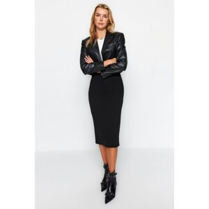 Trendyol Black Smart Crepe Belt Detailed Fleto Pocket Midi Pencil High Waist Elastic Knitted Skirt