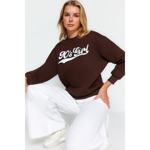 Trendyol Brown Thick Fleece Inside Printed Regular/ Regular Knitted Sweatshirt