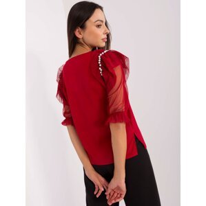 Burgundy formal blouse with mesh sleeves