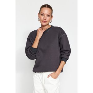 Trendyol Anthracite Crochet Detailed Crew Neck Regular Fit Fleece Inside Knitted Sweatshirt