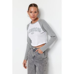 Trendyol Gray City Printed Color Blocked Fitted Stretchy Crop Knitted T-Shirt