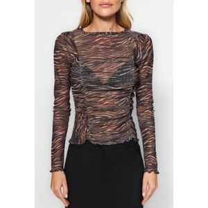 Trendyol Brown Animal Patterned Special Textured Slim Crew Neck Blouse