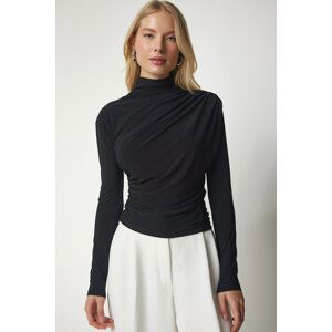 Happiness İstanbul Women's Black Gather Detailed High Collar Sandy Blouse