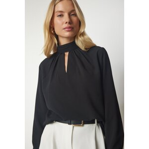 Happiness İstanbul Women's Black Window Detailed Flowy Crepe Blouse