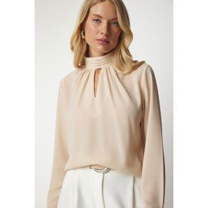 Happiness İstanbul Women's Beige Window Detailed Flowy Crepe Blouse