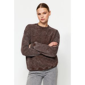 Trendyol Brown Worn/Faded Effect Thick Fleece Oversized/Wide Knitted Sweatshirt