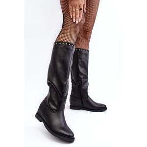 Women's knee-high boots decorated with studs, black Bevitis