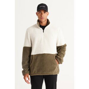 AC&Co / Altınyıldız Classics Men's Beige-khaki Standard Fit High Bato Collar Kangaroo Pocket Double Color Sherpa Fleece Sweatshirt