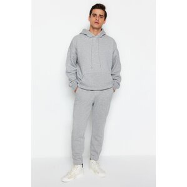 Trendyol Men's Gray Melange Oversize/Wide-Fit Hooded Elastic Fleece Tracksuit Set