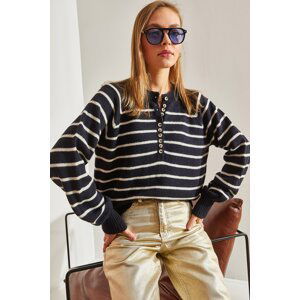 Bianco Lucci Women's Button-down Collar Turtleneck Striped Knitwear Sweater