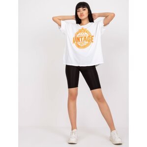 White and orange cotton T-shirt with application