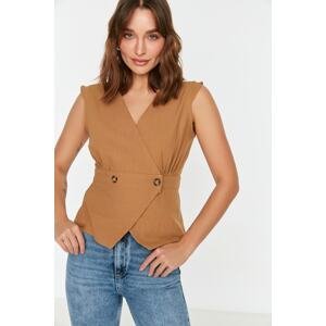 Trendyol Light Brown Weave Double Breasted Blouse with Bone Button Detail
