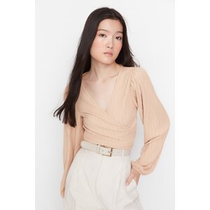 Trendyol Beige Double-breasted Neck Balloon Sleeve Crepe Knitted Blouse