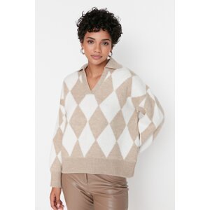 Trendyol béžový široký strih, jemná textúra, vzorovaný pletený sveter