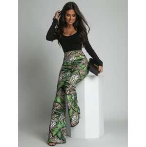 High-waisted patterned trousers in green and beige