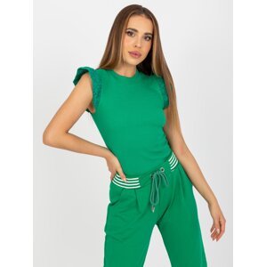 Green ribbed blouse with short sleeves RUE PARIS