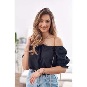 Short blouse with ruffle neckline in black
