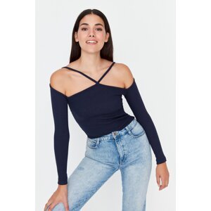 Trendyol Navy Blue Piping Detail Fitted/Slippery Carmen Collar Crop Corduroy Stretch Knitted Blouse