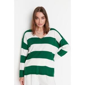 Trendyol Green V-Neck Color Block Pletený sveter
