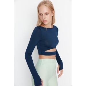 Trendyol Dark Navy Blue Crop Window/Cut Out and Thumb Hole Detail Knitted Sports Top/Blouse
